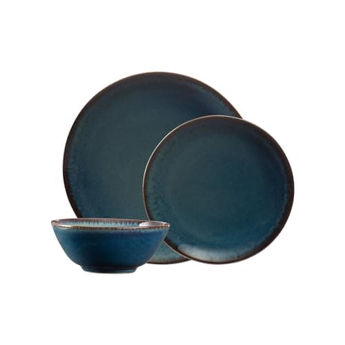 Image of Mason Cash Reactive Blue Stoneware Dinner Set | 12-Piece Tableware Collection with Reactive Glaze Finish | Includes 4 Dinner Plates, 4 Side Plates & 4 Bowls | Dishwasher & Microwave Safe