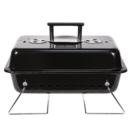 Image of George Foreman On-The-Go Portable Charcoal BBQ, Sturdy Foldable Legs, Convenient Handle, Lightweight, Camping, Black, Charcoal Barbecue, GFPTBBQ1003B