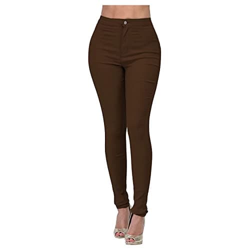 Image of BiCophy Stretchy Jeggings for Women High Waist Tummy Control Jean Leggings with Pockets Pull-On Skinny Jeans Denim Pencil Pants Tights Fashion Fall Denim Jeggings Women Trousers(Brown,Large)