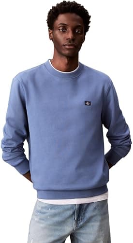 Image of Calvin Klein Men’s Round Neck Terry Badge Sweatshirt, Blue (Dull Nile Blue), XXL