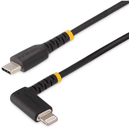 Image of StarTech.com 3ft (1m) Durable USB-C to Lightning Cable - USB 2.0 to Right Angle Lightning Cord - Power Delivery/Charge and Sync - Apple MFi Certified iPhone Lightning Cable (RUSB2CLTMM1MR)