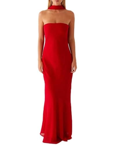 Image of Acrawnni Women Y2k Floral Tube Maxi Dress with Scarf Sleeveless Strapless Backless Mesh Long Bodycon Dresses Formal Cocktail Sundress (A-Red, L)