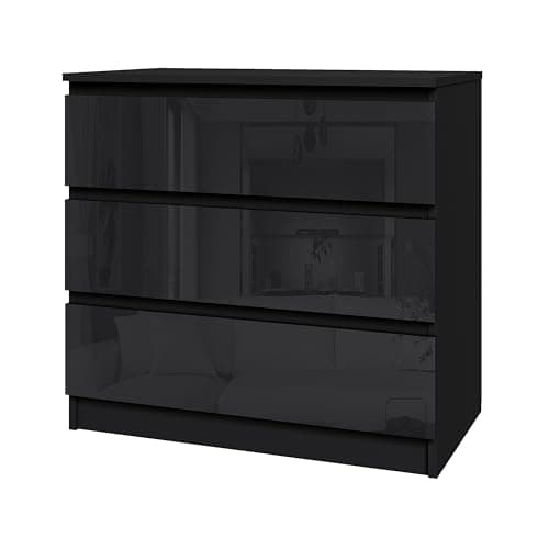 Image of Modern High-Gloss Drawer Panels Chest of Drawers, 3/4/5/6 Drawer Wooden Dresser with Metal Runner Bedside Table No Handle Sleek Design Storage Organizer Unit for Living Room Bedroom (Black, 3 Drawers)