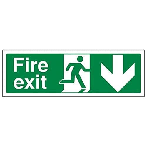 Image of V Safety Fire Exit Arrow Down Sign - Landscape - 600mm x 200mm - 2mm Rigid Plastic