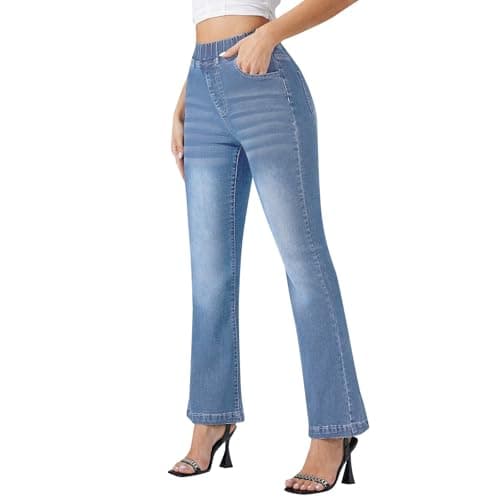Image of Womens Jeans Pull On Petite Short Leg Stretch Pants Straight Mom Jeans Denim Trousers High Waisted Ladies Plus Size Baggy Boot Cut Wide Leg Blue