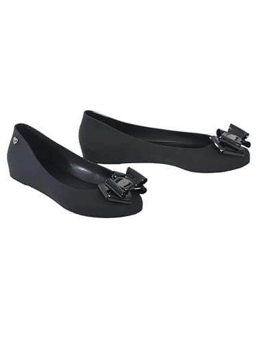 Image of kraftd Womens Jelly Ballet Shoes Bow Details Slip-On Flats Peep Toe Ballerina Pumps | Ladies Footwear | Office Pump | Shoe (Black Matt, 3)
