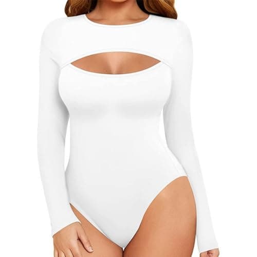 Image of SamHeng Bodysuit for Women Long Sleeve Body Suits Mock Neck Ladies Tops Going Out Slim Fit Casual Bodysuits Leotard Skin-friendly Thong with Snap Closure(White/M)