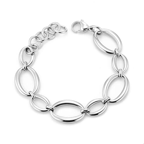 Image of ALEXCARFT Silver Stainless Steel Large Chunky Chain Bracelet for Women Adjustable Large Link Chain Silver Bracelets Thick Chunky Link Statement Bracelet for Women Trendy