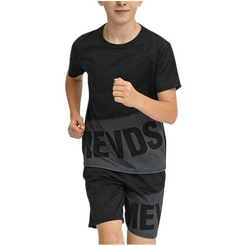 Image of duxyoz Black Boys Summer Outfits T-Shirt and Shorts Set 2 Piece Clothing Set Short Sleeve Crewneck Tops and Elastic Waist Shorts Casual Sports Sets Sportwear Quick Dry Moisture Wicking 13-14 Years