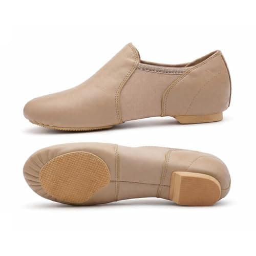 Image of Tan Slip On Jazz Dance Shoes - Pure Leather - Modern Stage Rubber Heel - Neoprene - Irish Dancing Pumps Eye Style Slipper - Kids Adult - (Child 10J)