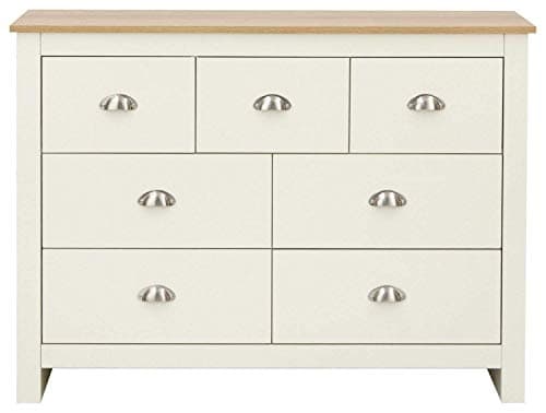 Image of GFW Lancaster Wooden 7 Drawer Chest With Steel Cup Handle & 28.4 Litre Drawers, Modern Bedroom Furniture Chest Of Drawers Storage Unit, Contrast Oak Top, Cream D-35 x W-111.5 x H-81cm