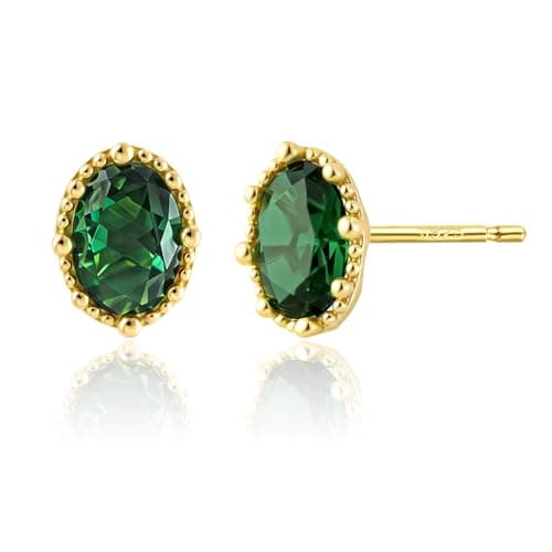 Image of Weviway Sterling Silver Oval Emerald Stud Earrings, 14K Gold Plated, May Birthstone Jewellery, Vintage Style