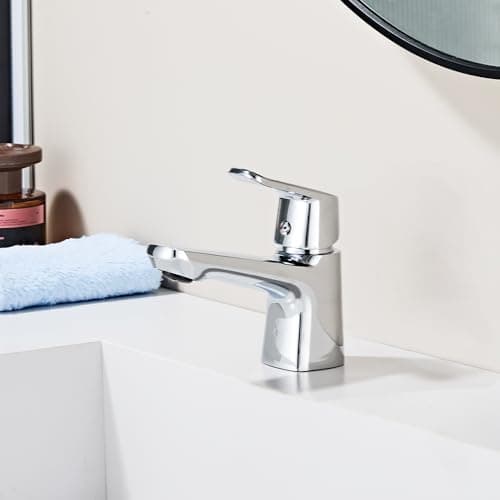 Image of Ankoory Mini Bathroom Basin Mixer Tap, Single Lever Mono Sink Tap, Vanity Cloakroom Mixer Taps for Small Basin, Modern Faucet with UK Standard Tails, 1 Hole Deck Mounted, Solid Brass, Chrome Finish