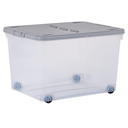 Image of Wham Wheel 5 x 44L Plastic Storage Boxes with Folding Lid & Wheels | Ideal for Home, Office, Toys & More | Large Boxes | Made in UK - Clear/Cool Grey