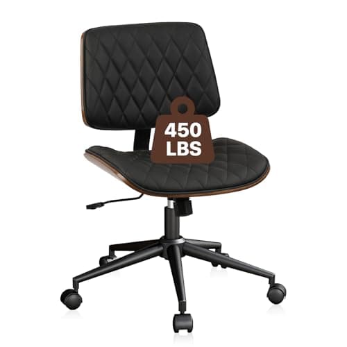 Image of CLATINA Armless Office Chair with Wheels, Mid-Century Modern Walnut Desk Chair, Adjustable Height Leather Mid Back Computer Task Chair Ergonomic Chair with Back for Study Meeting Room (Black)