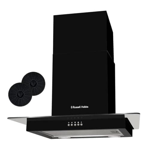 Image of Russell Hobbs 60cm Flat Glass Cooker Hood, 3 Speed Settings, Washable Filters, ECO LED Lights, Low Noise, Extraction and Recirculation, Premium Push Button Controls, Black RHFGCH601B