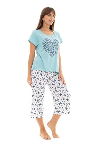 Image of Suzy & Me Womens 100% Cotton Jersey Short Sleeved Cropped Leg Animal, Butterfly, Bear & Heart Design Pyjamas (UK, Numeric, 16, 18, Regular, Regular, DUCK EGG)