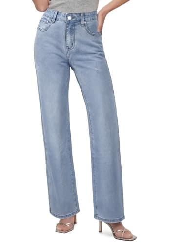 Image of Chasehot Straight Leg Jeans for Women, High Waisted Stretchy Ripped Jeans Relaxed-fit Trendy Wide Leg Boyfriend Mom Cute Ladies Denim Pants, 30 Inch Inseam-Iceland Blue-Size 14