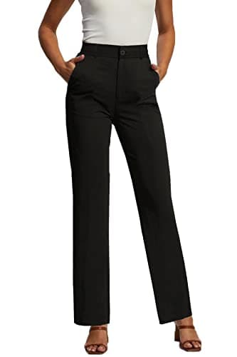 Image of femiss High Waisted Straight Leg Trousers – Smart Office Wear, Formal Uniform Bottoms, Business Slacks with 2 Side Pockets, Tailored Workwear, Stretch Fit for Women, Teens, Girls, Ladies (Black, 14)