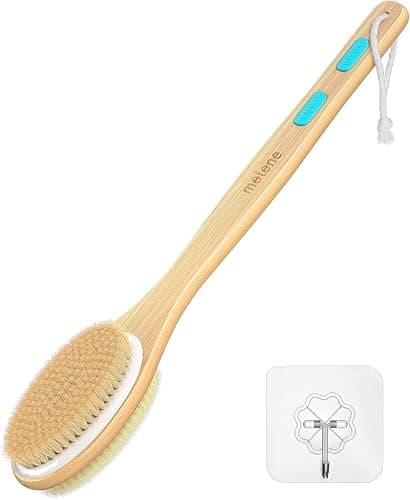 Image of Metene Back Scrubber for Shower, Shower Brush for Exfoliating Skin and A Soft Scrub, Double-Sided Body Brush Head for Wet or Dry Brushing, Long Wooden Handle Cleans the Body Easily