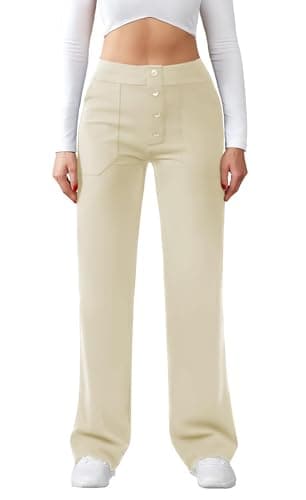 Image of Friptspyg Women's High Waist Wide Leg Trousers Button Straight Leg Trousers Casual Work Trousers Stretch Yoga Trousers with Pockets, Khaki M