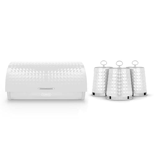 Image of Tower Solitaire Roll Top Bread Bin and Set of 3 Canisters, Mirror Finished Steel Lid with Round Loop, Airtight, White