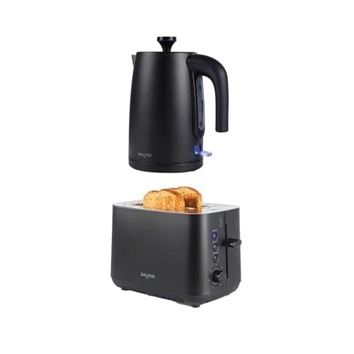 Image of Salter Kuro Toaster & Kettle Set – 2-Slice High-Lift Toaster with 7 Browning Levels & Defrost/Reheat/Cancel, 3000W Rapid Boil Kettle with Anti-Limescale Filter, Auto Shut-Off & Boil-Dry Sensor, Black