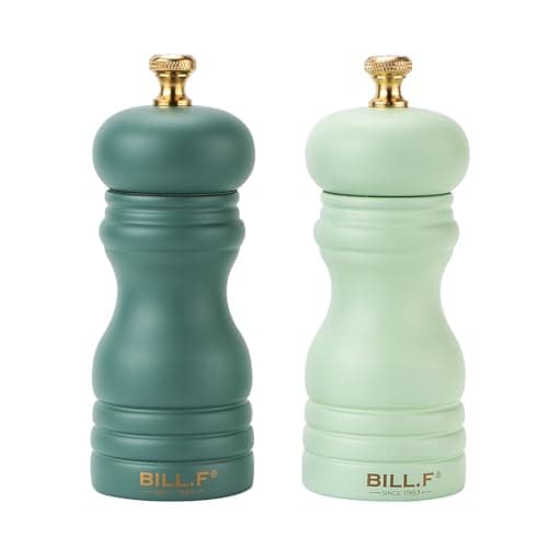 Image of Bill.F Salt and Pepper Grinder Set, Wood Pepper Mill Set of 2 Manual Salt Pepper Shakers Grinder Refillable 5 Inch with Adjustable Ceramic Grinding Rotor(Set of 2 Green)