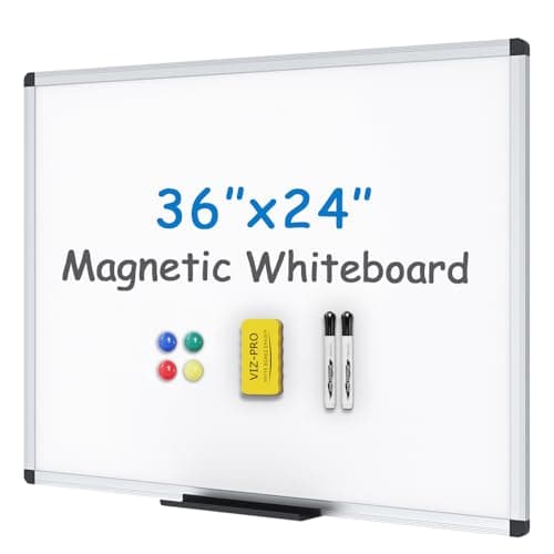 Image of VIZ-PRO Magnetic Whiteboard for Wall 90 x 60 cm, Dry Erase White Board with 2 Markers, Pen Tray & Silver Aluminium Frame, Writing Board for School Office Home