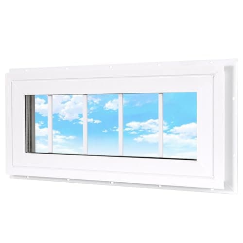 Image of Vinyl Transom Household Window, 10" x 29" Double Pane Fixed Window with Grids and Tempered Glass for House, Garage (White)