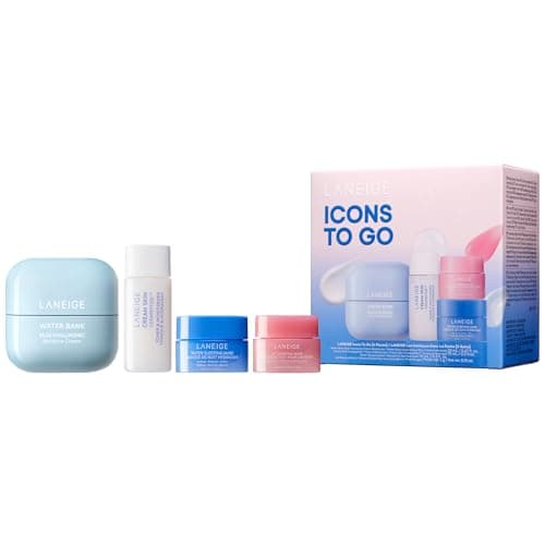 Image of LANEIGE Icons To Go Set: Cream Skin, Water Bank Cream, Lip Sleeping Mask, Water Sleeping Mask, Travel Size, Full Size, Hydrate, Barrier-Boosting
