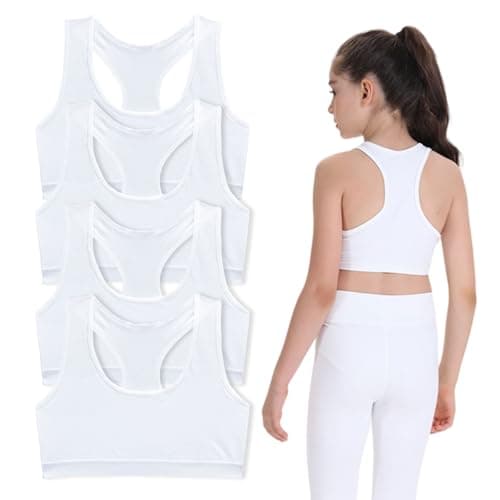 Image of FUIPVGI 4 Pack Girls Bra, Crop Tops for Girls, Soft Comfortable Cotton Girl Sports Bras Kids Underwear Non Padded Training Bra, Crop Top Bras for Girl Kid Teens 9-14 Years (White)