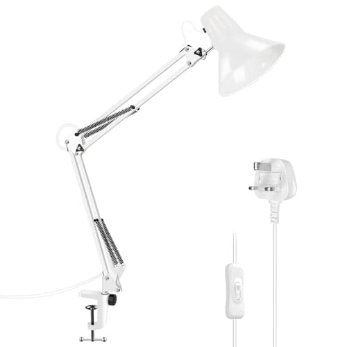 Image of Milpoel Desk Lamp, Metal Swing Arm Table Lamp, Clip on Light, E27 Lamp Holder, Classical Swing Arm Architect Lamp, Adjustable Desk Light for Office, Reading, Bedroom, Crafts, White Finish