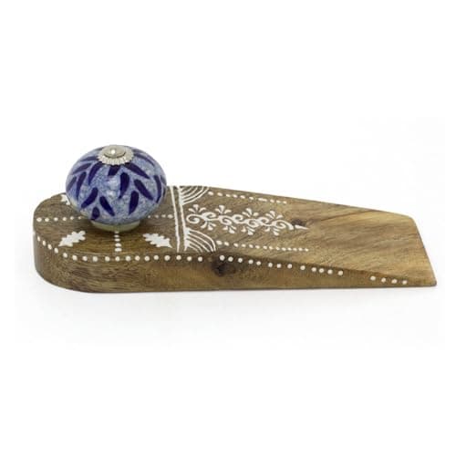 Image of Traditional Wooden Door Stop Wedge | Mango Wood Decorative Door Stopper Wedge | Wood & Blue Ceramic Floor Doorstop - Design Varies