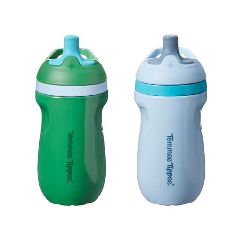 Image of Tommee Tippee Insulated Sporty Spout Non-Spill Toddler Cup, 266ml, 12m+, Pack of 2, with Leak-Proof Valve and Handle, in Fun Bright Colours, Blue & Green