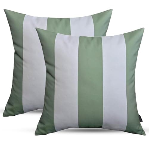 Image of 2 Pack Outdoor Cushions Waterproof FILLED 45x45cm With Invisible Zippered Outdoor Garden Cushions Waterproof 18"x18" With Cushion Covers & Pillow For Living Room Garden Sofa (Stripe Sage Green)