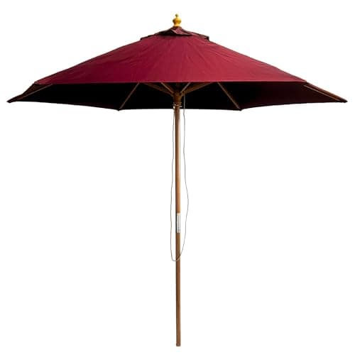 Image of BrackenStyle 2.5m Diameter Wooden Garden Parasol - Pulley Operated Machine Washable UV Blocking 250cm Patio Umbrella (Burgundy)