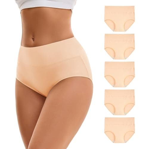 Image of INNERSY Nude Underwear Women High Waisted Knickers Cotton Full Briefs Comfy Ladies Pants 5 Pack (12, 5 Classic Beige)