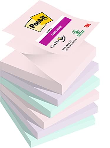 Image of Post-it Super Sticky Z-Notes, 540 Sheets, Pack of 6 Pads, 76 mm x 76 mm - Holds Strong to Many Surfaces - Pink, Purple, Green - for Walls, Monitors and Fridge, Recycable