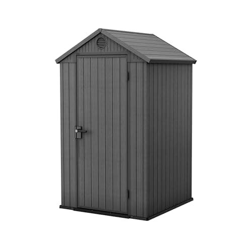 Image of Keter Darwin 4x4 Outdoor Storage Shed - Grey | Small Resin Garden Tool Shed | Wood-Effect Weatherproof Double-Wall with Skylight & Ventilation