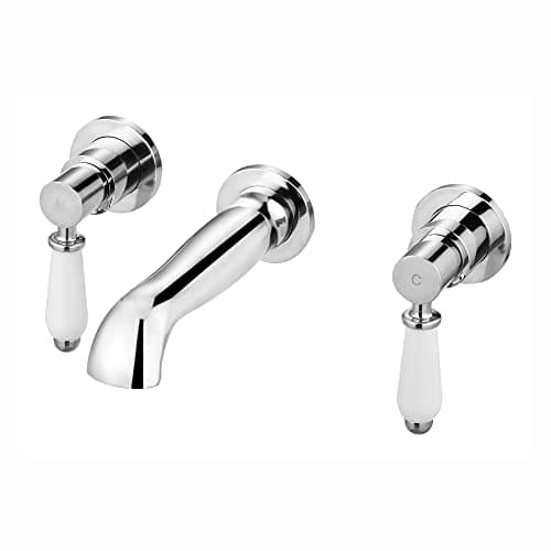 Image of ENKI, Downton, BT0505, Chrome, Wall Mounted Basin Mixer Tap, Bath Filler Tap, 3 Hole, Traditional White Ceramic Twin Levers, Solid Brass Mixer Taps for Bathroom, Easy to Install, 10-Year Guarantee