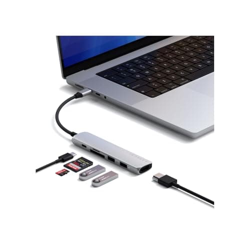 Image of SATECHI 6-in-1 USB-C Hub Slim Plus Multiport Adaptor with HDMI 4K@60Hz, 100W USB-C PD Charging, 2x USB-A Data Ports, microSD/SD Card Readers for MacBook Air & Pro M5 M4 M3, iPad, Windows – Silver