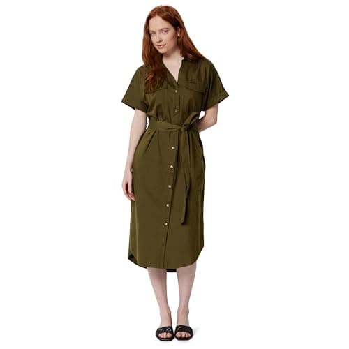 Image of Amazon Essentials Women's Relaxed-Fit Short-Sleeved Button-Down Shirt Dress with Belt, Deep Brown, XXL