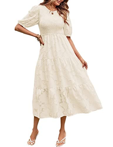 Image of Merokeety Women's Summer Puff Sleeve Smocked Floral Dress Crewneck Lace Flowy Tiered Midi Dresses, Beige, Medium