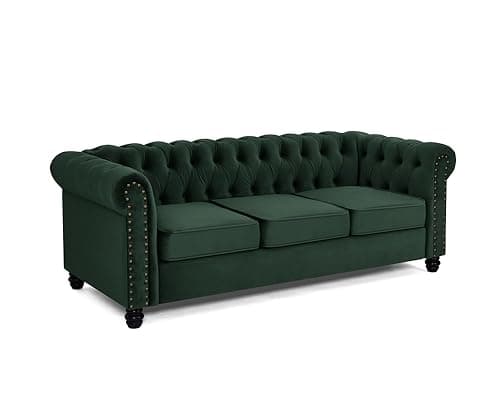 Image of Home Detail Chesterfield Sofa Velvet Upholstered Couch in 2 Seater or 3 Seater Fabric Sofa in Grey, Blue, Black, Green, Gold (3 Seater, Green)