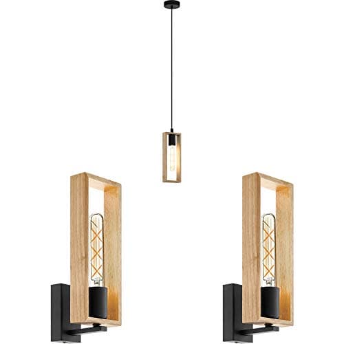 Image of Ceiling Pendant Light & 2X Matching Wall Lights - Black & Wood Box Modern Shade - Hanging Drop Adjustable Height Lamp Living Room Set Kit