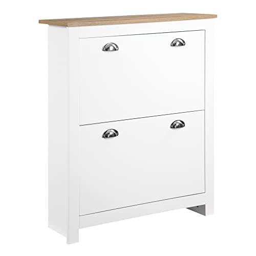Image of HOMCOM 2 Drawer Shoe Cabinet Modern Narrow Shoe Cupboard Hallway Wooden Storage Organiser with Flip Doors Adjustable Shelf for 6-12 Pairs, White