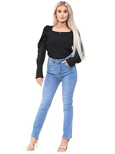 Image of 989Zé ENZO Womens High Waist Slim Straight Leg Jeans Stretch Cotton Denim Pants EZL423 Jeans Light Blue 14