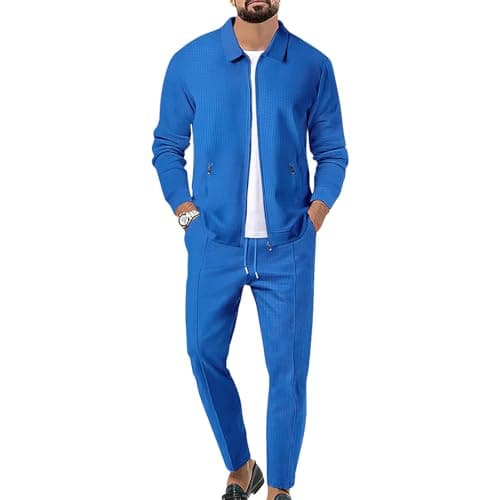 Image of aromm Men's Waffle Tracksuits Zip up Jacket Top & Jogging Trouser 2pcs Sweatsuit Set Blue for Casual Sport Workout Business, M
