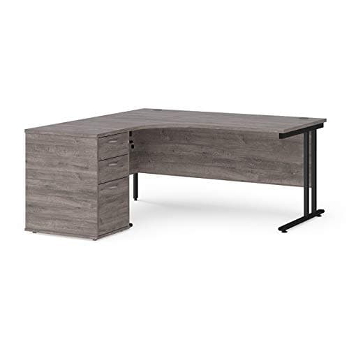 Image of Mr Office Maestro 25 left hand ergonomic desk with black cantilever frame and desk high pedestal, Grey oak, 1600
